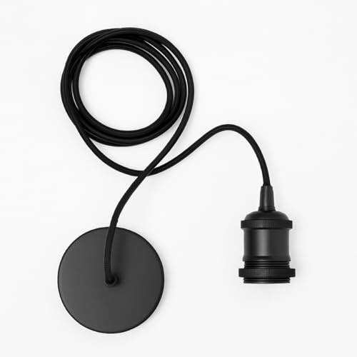 CGC Lighting Indoor Ceiling Adjustable Suspended Pendant and Matching Ceiling Rose Light Fitting E27 Lamp Holder (Black)