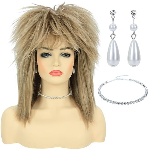 Bettecos 80er-Jahre-Rock-Diva-Kostümperücke für Damen mit Halskette und Ohrringen für Frauen, große Haare, blond, Rocker-Vokuhila-Perücke, Glam-Punk-Rock-Rockstar-Cosplay-Perücke (Light Blonde)