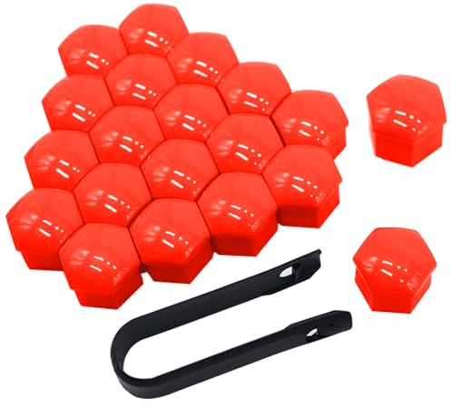 QitinDasen 20 Pièces 19 mm Voiture Roue Cache-Écrous, Bouchon à Vis de Moyeu de Voiture Universel, Cache-Écrou de Pneu Hexagonal avec Outil de Retrait (Rouge)