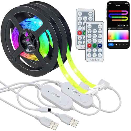 Luminea Home Control LED Stripe: 2er-Set USB-RGB-IC-LED-Streifen, Bluetooth, App, Fernbedienung, 2 m (Bänder, Stripe RGB, Glaskantenbeleuchtung)