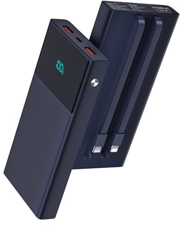 BOANV Portable Charger with 2 in 1 Cables(USB-C and iOS), 13000mAh PD Fast Charging Durable Power bank with LED, Battery Backup Charger for iPhone,Android-Blue(1 Pack)