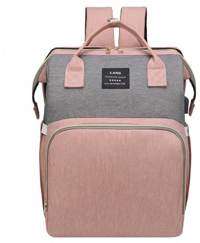 Chickwin Baby Wickeltasche für Kinderwagen, Baby Wickelrucksäcke Großer für Unterwegs Wickeltasche Rucksack mit Faltbarem Kinderbett Multifunktional Babytasche (31x22x41cm,Rosa Grau)