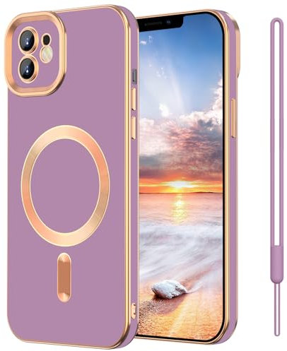 SouliGo for iPhone 11 Case 6.1” Magnetic Case 【Compatible with MagSsafe】 Slim Fashion Bling Plating Bumper Soft TPU Anti-Scratch Shockproof Protective Phone Cover with Lanyard - Lilac Purple