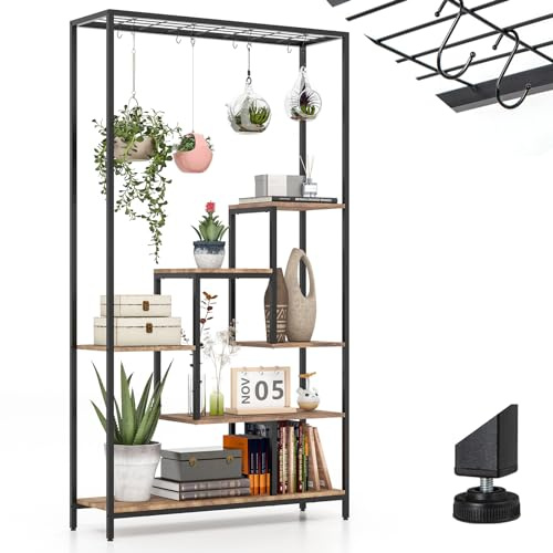 RELAX4LIFE Scaffale per Piante a 6 Livelli, Porta Piante con 10 Ganci, Struttura in Metallo e Legno, Porta Vasi da Interno per Piante Decorazioni (Marrone)