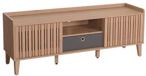 Meuble TV HWC-M48, Buffet Bas Armoire TV, Porte coulissante 56x150x40cm - Beige, Tiroir Gris