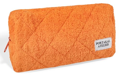 Kosmetiktasche aus Frottee | Quilted Makeup-Bag | Schminktasche | rosa, blau, orange, kariert | handgemachte Make Up Tasche | 25x11x10cm (Aperol)