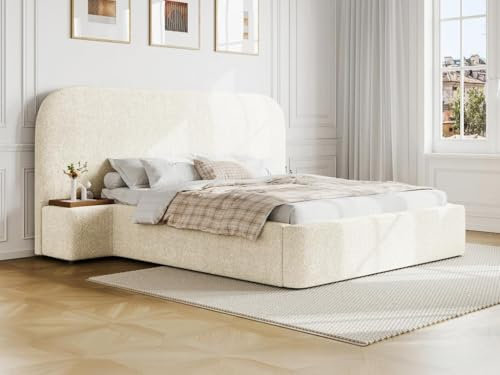Vente-unique - Bett mit Bettkasten mit Nachttischen - 180 x 200 cm - Bouclé-Stoff - Weiß - ESTERIA von Maison Céphy