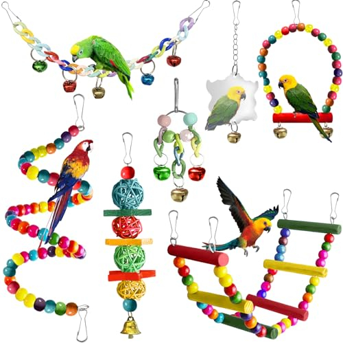 LMSHOWOWO Juguetes para Pájaros, Juguetes de Loro Pájaro, Juguetes Agapornis, Accesorios para Jaula de Pájaros, con Campanas, Columpios, Juguete de Masticación, para Pequeños y Medianos Loros de Aves