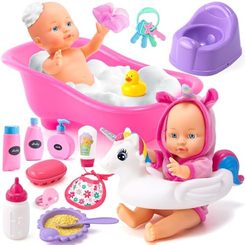 Toyssa Kit Baignoire Poupee, Accessoire Poupon avec Poupee Baignoire Anneau de Natation Biberon Pot Bebe, Poupon Bain Jouet Jeu de Rôle Anniversaire Cadeau Fille Enfant 2 3 4 5 6 7 Ans (Poupée Inclus)