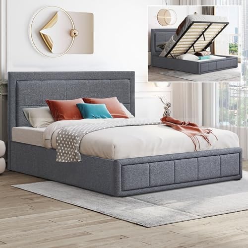 Blisswood Ottoman Bed Frame, 6ft Super King Upholstered Ottoman Bed, UKFR Linen Fabric Ottoman Storage Bed with Gas Lift End Opening Wooden Slats with Storage Bed (6ft Super King, 190 x 214 cm)