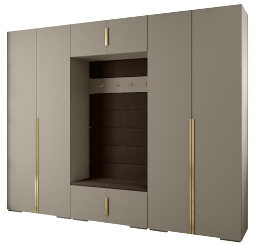 MEBLE KRYSPOL Inova 1 Möbelset - Moderne Garderobe - für Schlafzimmer, Wohnzimmer, Flur, Kinderzimmer - Ankleidemöbel - 236,7x300x47cm - Kaschmir, Paneele Manila 04, Handgriff Gold