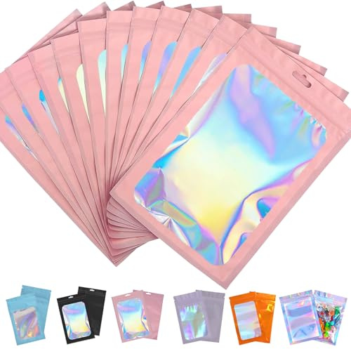 ATBEAMEN 50pcs Reusable Pink Holographic Mylar Bags, 20x30cm, Zipper Closure, Smell Proof, Waterproof, Polyethylene, Laminate Construction, Food Storage & Non-Food Items