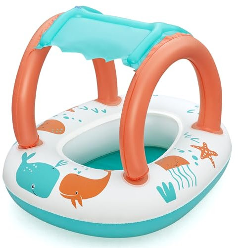 Bestway Kinder-Schlauchboot Comfort Plush, 78 x 61,5 x 56,5 cm, ab 3 Jahren, Sonnenschutzdach, UV-Careful, 30 kg Belastbarkeit, 2 Luftkammern, Sicherheitsventile, Meeresbewohner-Design