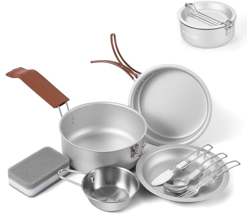 Odoland 10pcs Camping Cookware Mess Kit, Lightweight cooking set with Plate Bowl Forks Knives Spoons - Perfect for Backpacking, Camping, Hiking and Picnic