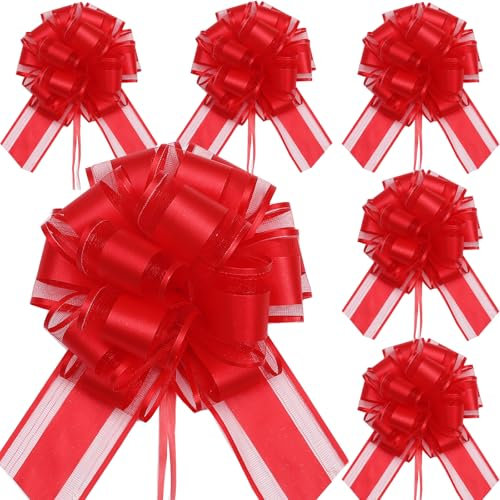 6 Stück 17 cm Große Ziehschleifen Rote Geschenkschleifen mit Band Dekorative Schleifen zum Verzieren von Geschenken, Tüten & Hochzeitsdekoration Ideal für Geburtstag, Weihnachten, Valentinstag