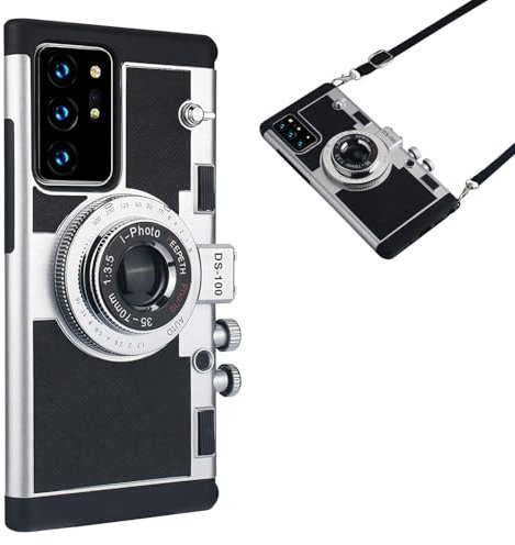 QoKcoahn Emily in Paris Phone Case for Samsung Galaxy Note 20, Kawaii 3D Cartoon Vintage Camera Case with Long Lanyard Silicone PC Crossbody Phone Case Shockproof Protector Black