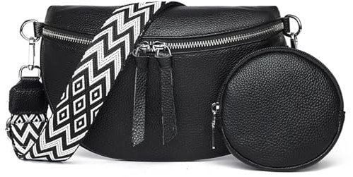 JSTHHTT Bandolera de Cuero para Mujer, Bolso Moda con Monedero Desmontable, Negro, Correa Ancha Ajustable y Extraíble