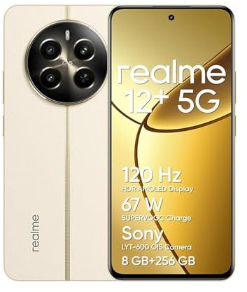 realme 12+ Teléfono Móvil 5G, 8+256GB, Cámara para Retratos Sony LYT-600 OIS, Pantalla AMOLED ultrafluida de 120 Hz, Conjunto de Chips Dimensity 7050 5G, 5000 mAh, NFC,no Incluye Adaptador (Gold)