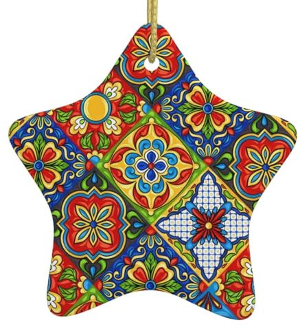 Mexican Ceramic Tile Christmas Tree Decorations – Personalized Ceramic Hanging, Holiday Star Shaped Ornament Pendants