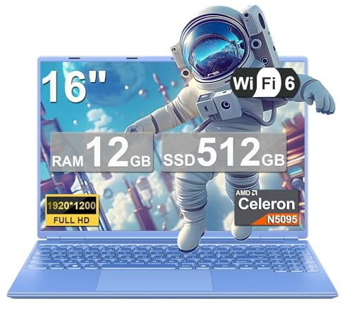 NOTODD 2025 16 Inch Gaming Laptop N5095 (Up to 2.9 GHz) 12GB+512GB SSD Support 1TB Expand Win 11 Laptops 1920 * 1200 FHD Screen 5G WiFi BT 4.2 Webcam Cooling Fan Numeric Keypad-Blue