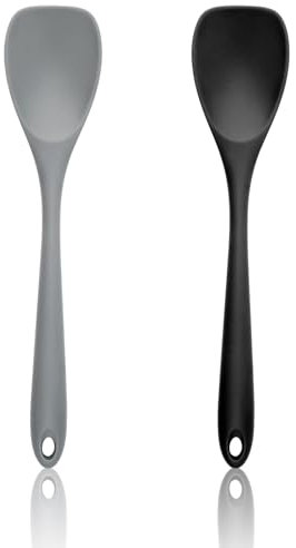 2 cucchiai in silicone per cucinare, cucchiai in silicone, 26,2 cm, set di cucchiai in gomma, resistenti al calore e antiaderente, per cucinare e servire (nero, grigio)