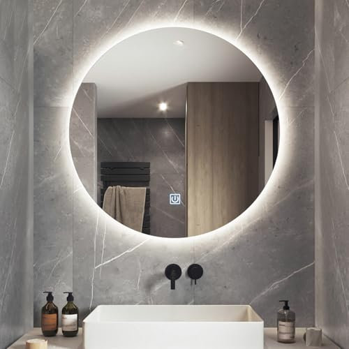 LED Badspiegel Rund 40 50 60 70 80 cm Wandspiegel Mit Touch Schalter Weißlichtsensor Kosmetikspiegel Stufenloses Dimmen Geeignet Für Flure Schlafzimmer(40CM)