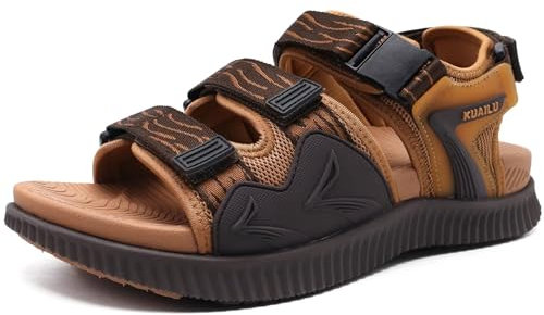 KuaiLu Sandales Randonnée Hommes Sport Extérieur Confortable Marche Orthopedique Réglables Cuir été Ouverte Trekking Randonnee Léger Antidérapante Soutien Voûte Plantaire Chaussures KakiBrun 41