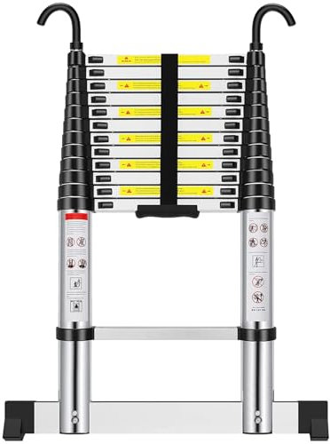Telescopic Ladder 3.8M Portable Foldable Aluminum Alloy Extension Ladder with Stabilizer Bar & Detachable Hook, Adjustable Height Ladders Folding Extending, 330lbs Max Capacity