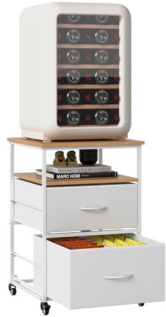 Mini-Kühlschrankregal mit Rollen 76cm höch Mini-Kühlschrankständer mit 2 Schubladen Geeignet für Mini kühlschrank, Weinkühler Geeignet für Küche, Wohnzimmer, Schlafzimmer, Schlafsaal, Büro