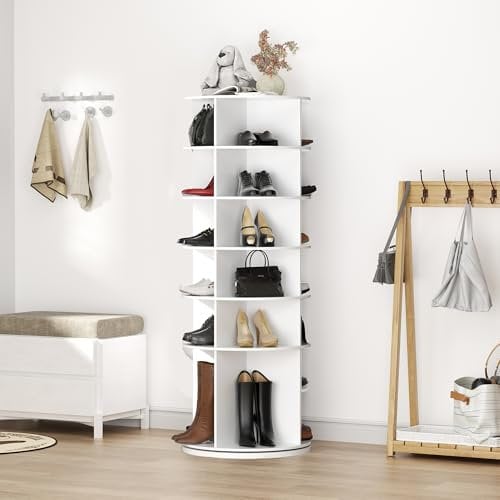 CEIEVER Drehbares Schuhschrank, Runder Schuhständer mit 6 Ebenen Drehbares 360-Grad-Schuhregal 60X60X155CM Schuhschrank-Organisation schuhregal weiß für Garderoben und Eingangsbereiche