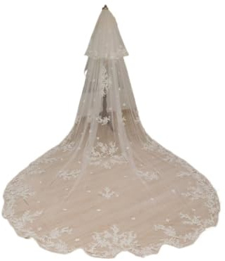 AHIOJEGX Brautschleier Brautschleier Weiß Elfenbein Zweischichtiger Blumen-Hochzeitsschleier Blumige Spitze Für Hochzeiten Partys Zeremonien(White,500cm)