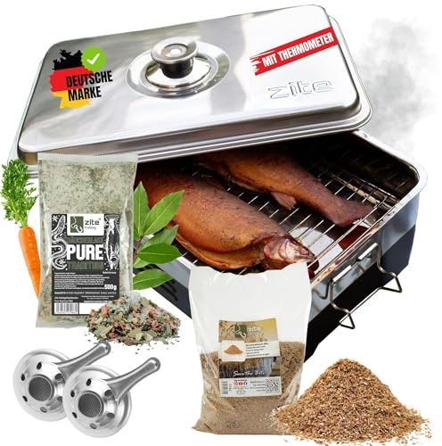 Zite Fishing Räucherofen Edelstahl Set mit Zubehör [Tischräucherofen mit Thermometer inkl. Buchen-Räuchermehl & Räucherlake] Fisch Räucherofen - Forellen, Fleisch, Tofu & Mehr einfachst Räuchern