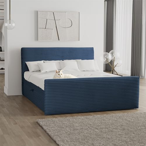 Kaiser Möbel - Bett 200x200 cm, Boxspringbett mit Bettkasten und Topper, Cord Schlafzimmerbett, Doppelbett mit Stauraum und Gepolstertes Kopfteil, Toppermatratze aus Viscoschaum - Trento - Dunkelblau