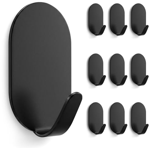 Menylon Black Hooks Self Adhesive 10 Pack, Small Wall Hooks Stick on Heavy Duty for Key Hat, Stainless Steel Extra Strong Sticking Hooks No Nail for Back of Door, Hanging Coat Cloth Towel
