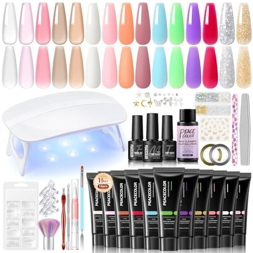 PEACECOLOR 35PCS Poly Gel Nail Kit - 16ml*15 Colors Poly Nail Extension Kit with U V/LED Lamp Base & Top Coat Slip Solution Complete Manicure Tools DIY at Home Nail Art Gifts for Women Beginners