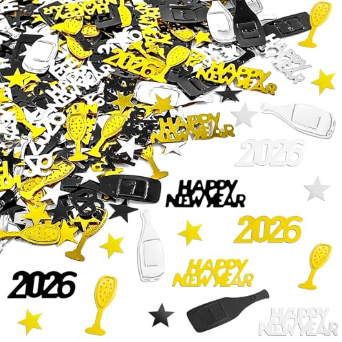 Coco Berming 1000 Stück Konfetti Silvester Deko 2026, 30g Silver Gold Black Star Confetti 2026 Number Confetti Geeignet für Partydekorationen, Jubiläumsfeiern und Fotozubehör