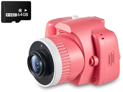 Koolenry Kinderkamera mit Projektor 1080P, Videokamera mit Stativ und 64 GB SD-Karte, Geschenkspielzeug für Kinder in Pink