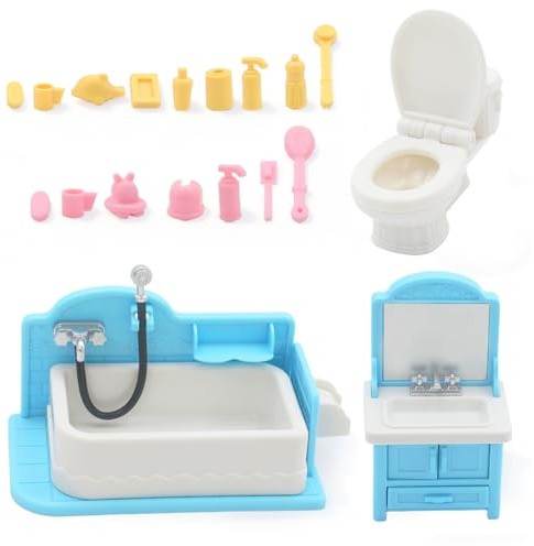 Badezimmer-Spielzeugset, Miniatur Möbel Badezimmer, Puppenhaus Badezimmer 1/12, Miniatur Badezimmer Zubehör, Puppenhaus Möbel Badezimmer, Puppenhauszubehör 1 12 mit Toilette, Badewanne, Shampoo