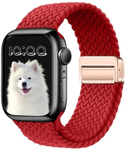 MokaZii Nylon Armband für Apple Watch Armband 46mm(Series 11/10) 45mm 44mm 42mm 49mm, Geflochtenes Magnetisch Elastisch Sport Ersatzarmband für Apple Watch SE 3 Series 11 10 9 8 7 6 5 4 Rot