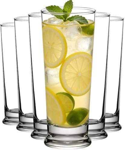 Ribbed 6 PCS Highball Glass Set, Elegant 11oz Tall Drinking Glasses Ideal for Mojito Whiskey Cocktails Perfect Bar Glassware Slim Cups Tall Water Glasses