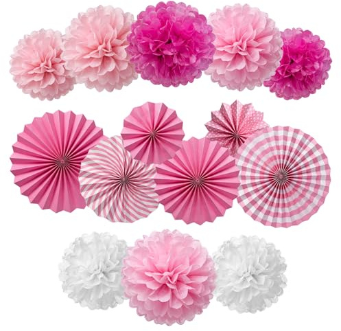 14 Stück rosa Papier Party Dekorationen, Papier Pompoms Dekorationen, Papiers Fächer Pompoms Hochzeits Party für Festival, Karneval, Geburtstags Dekor