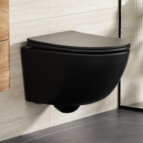 Rainsworth WC suspendu sans bord – Chasse puissante, cuvette WC avec abattant WC automatique, design compact 48,5 cm de long, facile à nettoyer, idéal pour les ascensions de salle de bain, noir