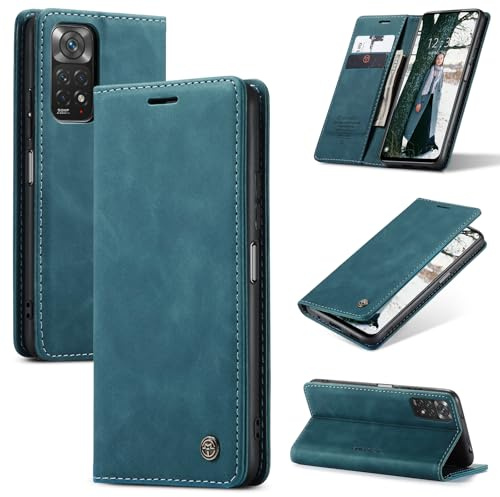 Cracedily Coque pour Xiaomi Redmi Note 11 (6.43), Coque Redmi Note 11S 4G Pochette, Etui Protection Housse Premium en Cuir PU,Etui à Rabat Pochette de Portefeuille Étui, Flip Case, Bleu Vert