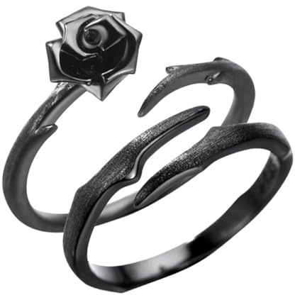 SOLUSTRE Dornenrosenringe aus S925 Sterlingsilber Zarte Fingerringe mit Feiner Verarbeitung Kreative Einfache Paarring für Tanz und Party Schwarz 2 Stück