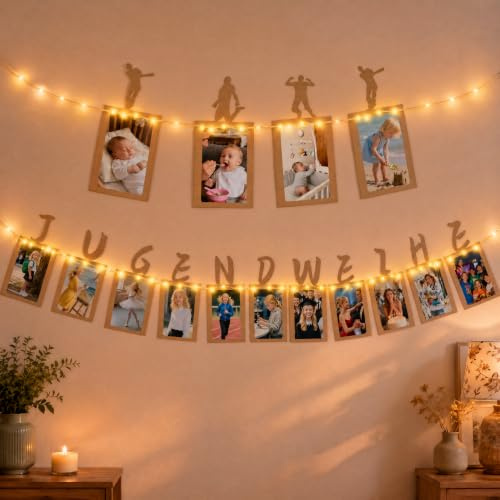 Seutgjie Fotogirlande Jugendweihe Deko Junge Mädchen Banner mit LED-Lichterkette und 15 Glitzerkarten für Fotos Endlich Erwachsen deko