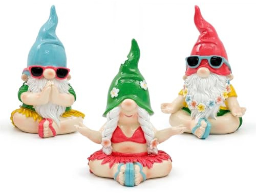 Bright Yoga Pose Gnome Figurines, Polyresin Garden Gnomes with Sunglasses, 16.5cm, Set of 3 Assorted