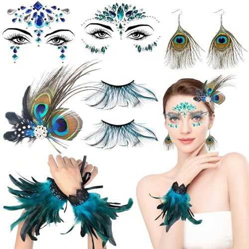 JrnSvp Pfau Kostüm, Faschingskostüme Damen, 6 Teiliges Pfau Kostüm Damen Set mit Gesichtsaufklebern, Wimpern, Haarspangen, Armbändern und Ohrringen, Karneval Kostüm für Karneval Halloween Cosplay