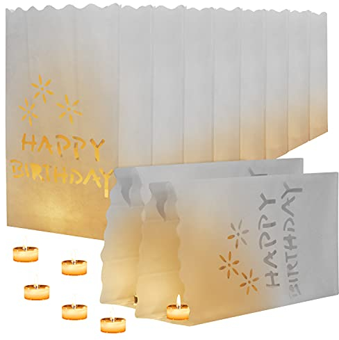 Kurtzy Weiße Papier Tüten Deko Geburtstag (10 Pack) - Laternen für Kerzen Geburtstag - Happy Birthday Party Design für Kerzen und LED Kerzen Deko - Indoor oder Outdoor-Dekoration