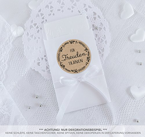 SET GROß: 48 Freudentränen Sticker + 48 weiße Flachbeutel - 63 x 93 mm für Freudentränen Taschentuch Verpackungen • Aufkleber in NATUR SCHWARZ mit Blütenranke im Kraftpapier Look • 4cm, rund, matt