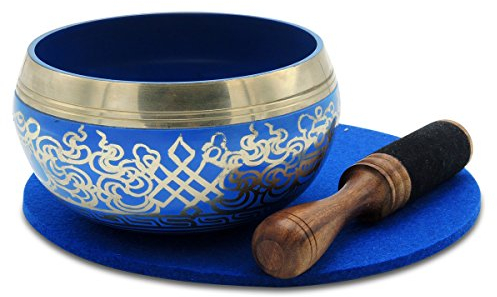 Handbemalte, gegossene Klangschale aus Nepal, traditionell hergestellt in Handarbeit mit Zubehör (blau)